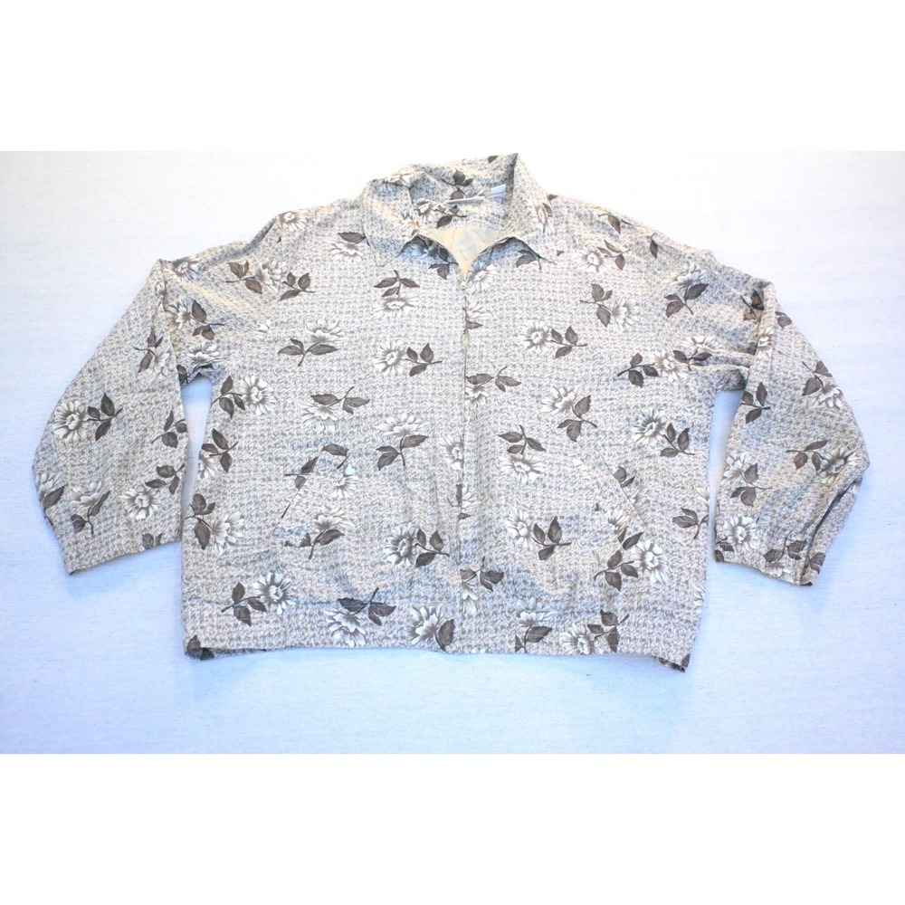 Vintage 90s Alfred Dunner Womens 12 100% Silk Jacket Beige Floral Zip Front Soft
